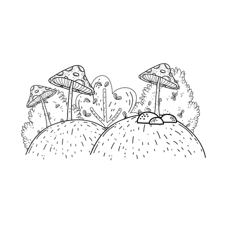 beautiful garden bush and fungus landscape scene vector illustration designのイラスト素材