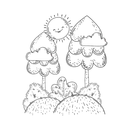 beautiful landscape with sun kawaii and trees vector illustration designのイラスト素材