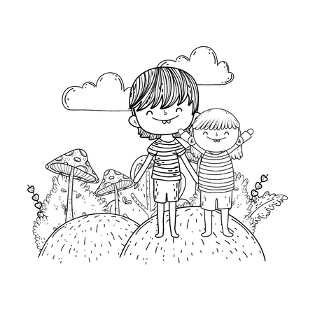 cute little girl and boy in the landscape vector illustration designのイラスト素材
