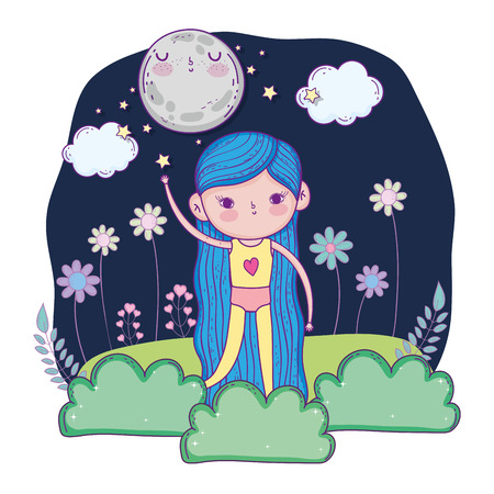 little girl in the garden on the night vector illustration designのイラスト素材