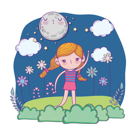 little girl in the garden on the night vector illustration designのイラスト素材