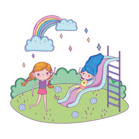 little girls with swimwear on slide in the landscape vector illustration designのイラスト素材