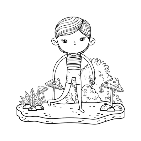 little boy in the field with fungus vector illustration designのイラスト素材