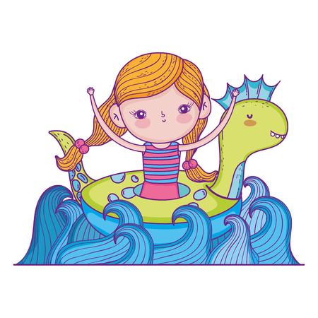 cute little girl in dinosaur float in water vector illustration designのイラスト素材