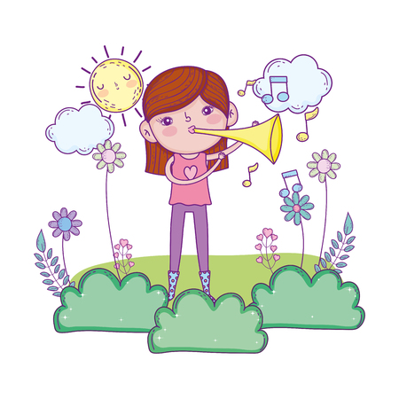 cute little girl playing trumpet in the landscape vector illustration designのイラスト素材