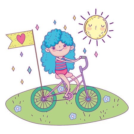 cute little girl riding bicycle in the landscape vector illustration designのイラスト素材