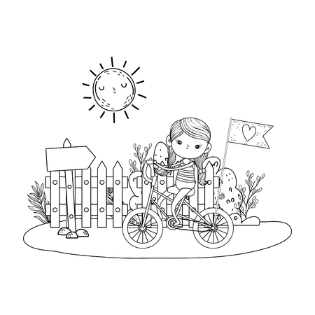 cute little girl riding bicycle in the landscapeのイラスト素材