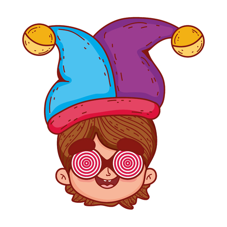 little boy with joker hat and spiral glasses fools dayのイラスト素材