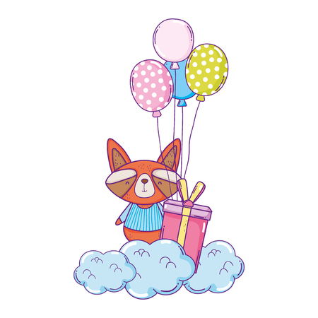 cute and little raccoon with balloons and gifts vector illustration designのイラスト素材