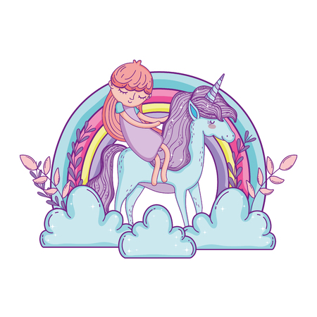 little unicorn and princess in the clouds with rainbow vector illustration designのイラスト素材
