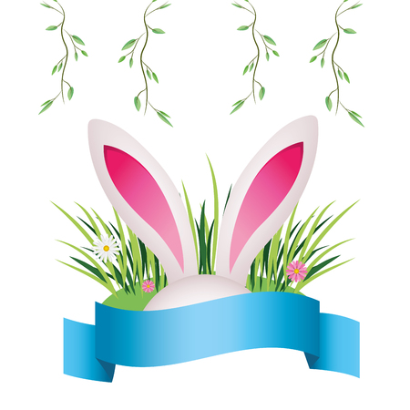 cute rabbit ears with ribbon banner cartoon vector illustration graphic designのイラスト素材