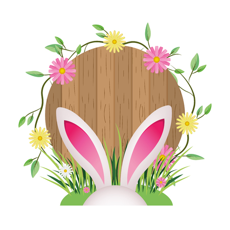 cute rabbit ears in front wooden table with flowers and leaves cartoon vector illustration graphic designのイラスト素材