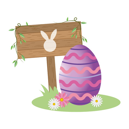 cute easter egg in front wooden rabbit sign cartoon vector illustration graphic designのイラスト素材