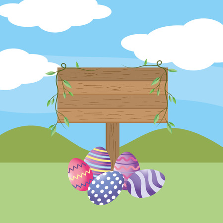 cute easter eggs with wooden sign cartoon vector illustration graphic designのイラスト素材