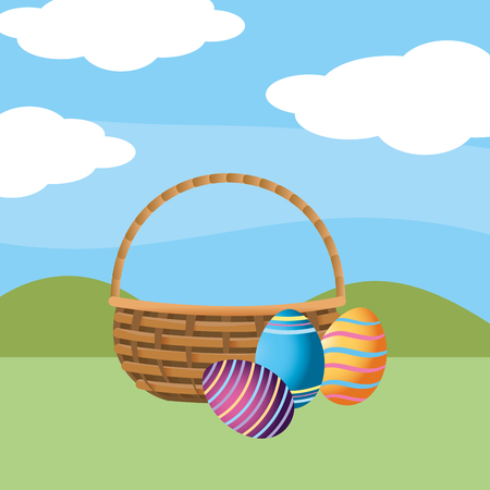 cute easter eggs with picnic basket punnet cartoon vector illustration graphic designのイラスト素材