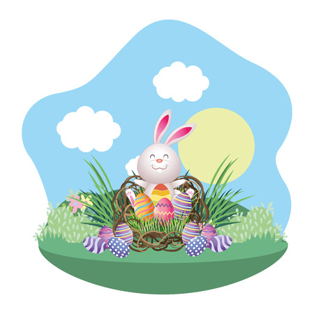 easter rabbit with eggs cartoon vector illustration graphic designのイラスト素材
