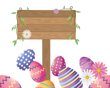 easter eggs with wooden sign cartoon vector illustration graphic designのイラスト素材