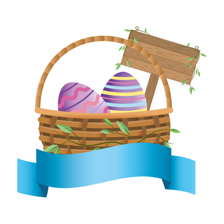 easter eggs with wooden sign cartoon vector illustration graphic designのイラスト素材