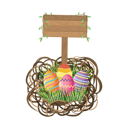 easter eggs with wooden sign cartoon vector illustration graphic designのイラスト素材
