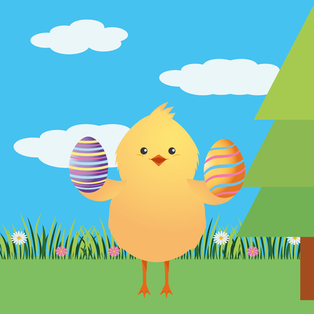 chick with easter eggs in parkscape vector illustration graphic designのイラスト素材