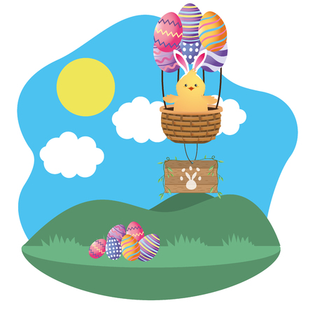 chick with bunny ears and easter eggs on basket in parkscape vector illustration graphic designのイラスト素材