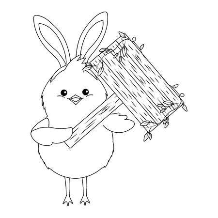 chick with bunny ears and wooden sign vector illustration graphic designのイラスト素材