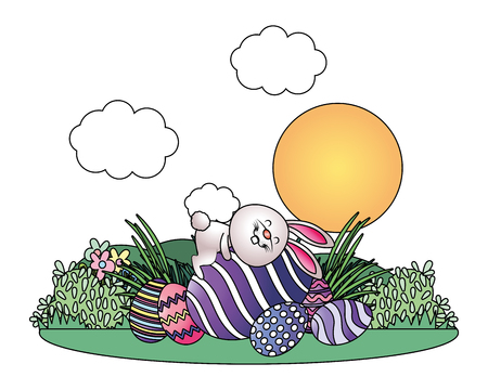 bunny with easter eggs in parkscape vector illustration graphic designのイラスト素材