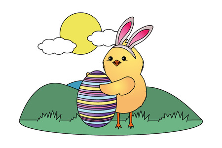 chick with bunny ears and easter eggs in parkscape vector illustration graphic designのイラスト素材