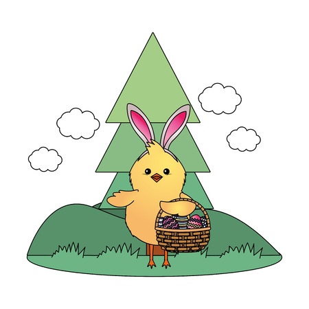 chick with bunny ears and easter eggs in wicker basket in parkscape vector illustration graphic designのイラスト素材