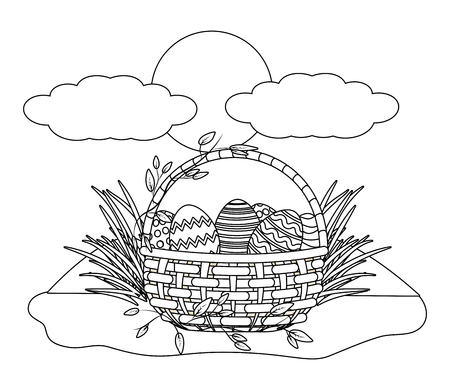 easter eggs hunt in a wicker basket in parkscape black and white vector illustration graphic designのイラスト素材