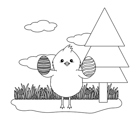 chick with eggshell and easter eggs in parkscape black and white vector illustration graphic designのイラスト素材