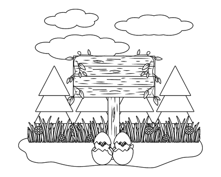 chicks with eggshell and wooden sign in parkscape black and white vector illustration graphic designのイラスト素材