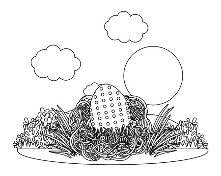 easter eggs in a nest in parkscape black and white vector illustration graphic designのイラスト素材