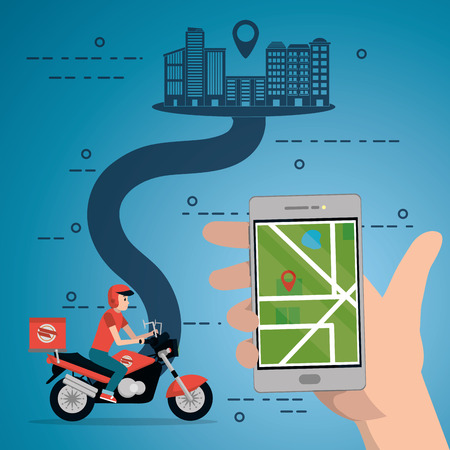 young man riding scooter for fast delivery service with city map cartoon vector illustration graphic designのイラスト素材