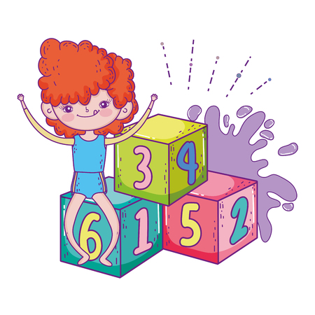 little girl playing with blocks numbers vector illustration designのイラスト素材
