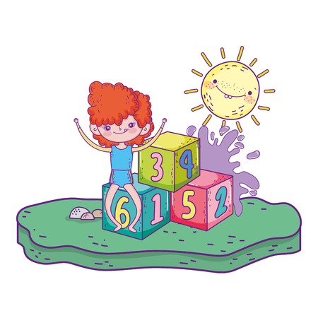 little girl playing with blocks numbers in the camp vector illustration designのイラスト素材