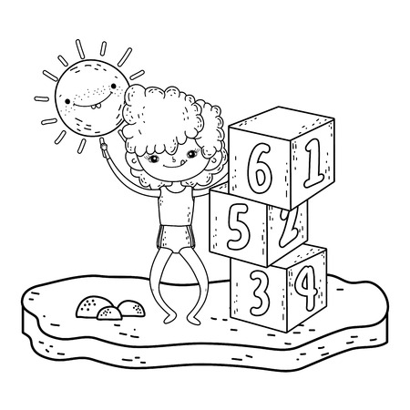 little girl playing with blocks numbers in the camp vector illustration designのイラスト素材