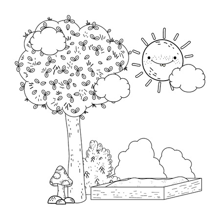 beautiful landscape with sun and trees vector illustration designのイラスト素材