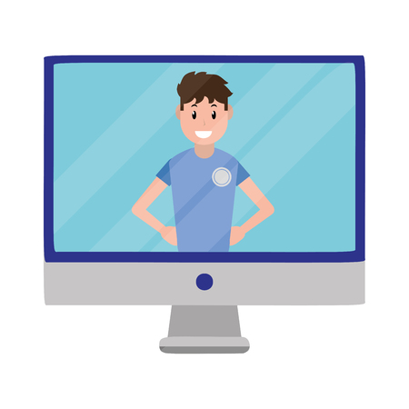 technology computer screen with upper body man cartoon vector illustration graphic designのイラスト素材