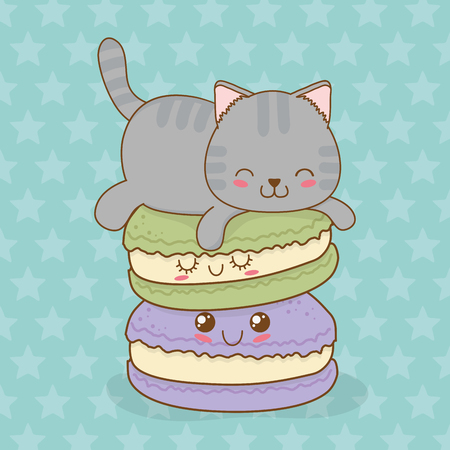 cute little cat with sweet donut kawaii character vector illustration designのイラスト素材