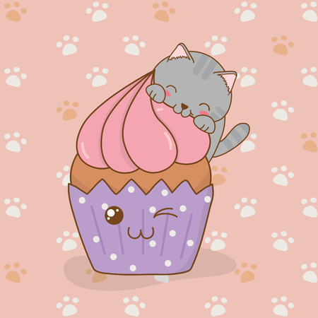 cute little cat with cupcake kawaii character vector illustration designのイラスト素材