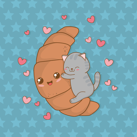 cute little cat with croissant kawaii character vector illustration designのイラスト素材