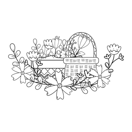 beautiful flowers in pot and basket straw with crown vector illustration designのイラスト素材