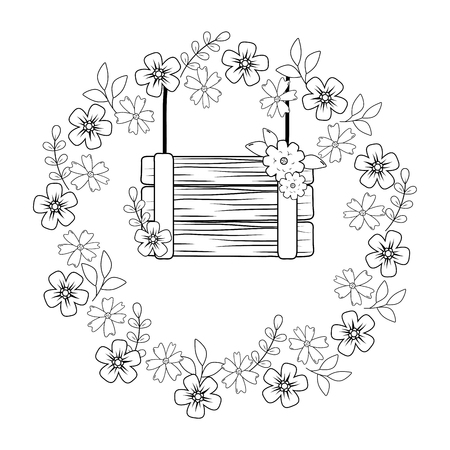 cute flowers wreath crown with wooden label vector illustration designのイラスト素材