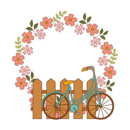 cute bicycle retro with fence and flowers vector illustration designのイラスト素材