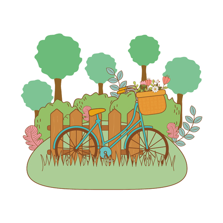 bicycle with floral basket and fence in the landscape vector illustration designのイラスト素材