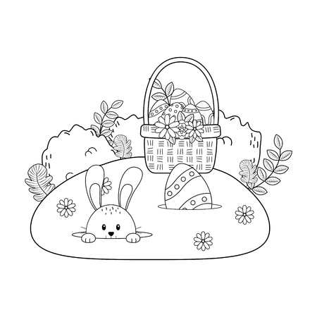 little rabbit with egg painted in basket on the garden vector illustration designのイラスト素材