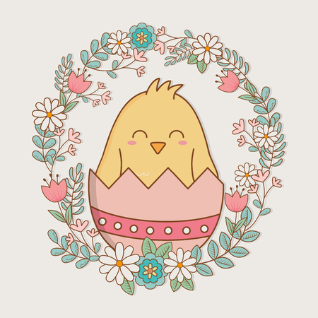 little chick with floral crown easter character vector illustration designのイラスト素材