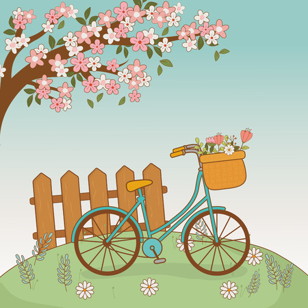 bicycle with floral basket and fence in the landscape vector illustration designのイラスト素材