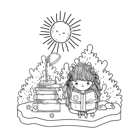 happy little girl reading books in the field vector illustration designのイラスト素材